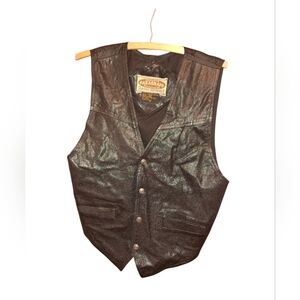 Vintage Leather Vest Black Paragraff Biker Western Waistcoat Silver Buttons Med
